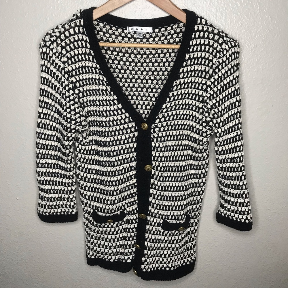 CAbi Black & White Cotton Knitted ButtonUp Sweater